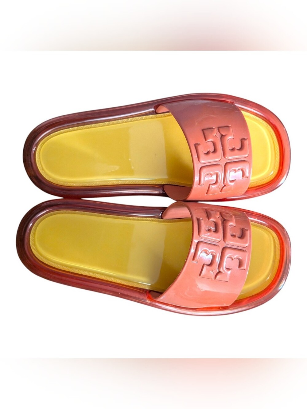 Tory Burch Coral Jelly Slide Sandals with Yellow Footbed and Translucent Trim